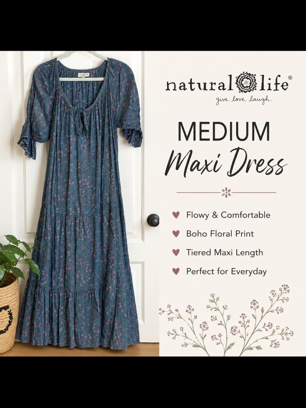 NATURAL LIFE Teal Maxi Dress with Purple Floral Print medium